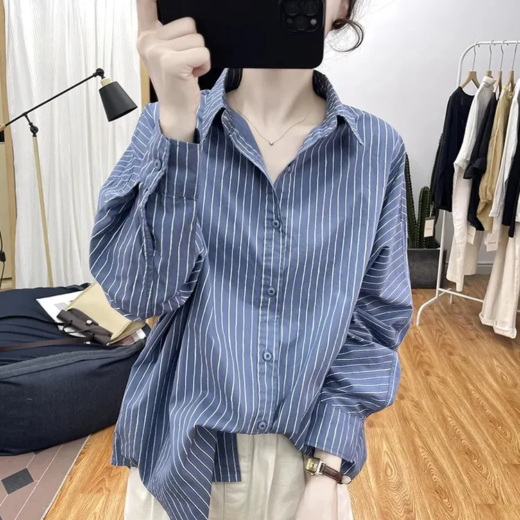 秋季薄款宽松polo领条纹纯棉减龄休闲衬衫女基础款时尚显瘦上衣潮