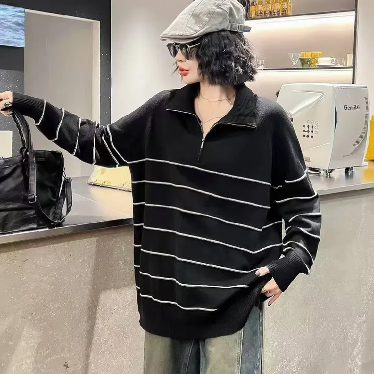 大码秋冬螺纹翻领时尚显瘦女毛衣百搭衫条纹套头长袖