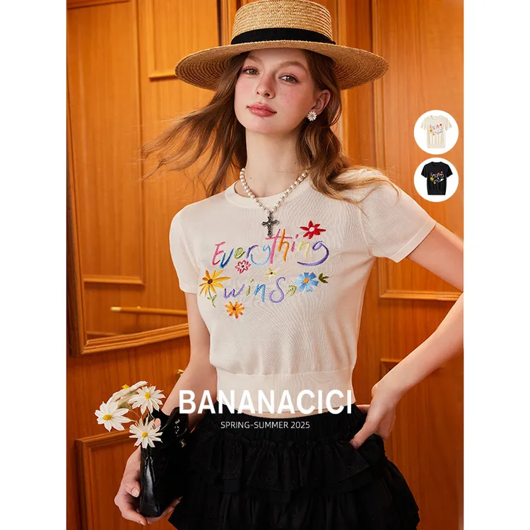 BANANA CICI2025年新款原创胜利花刺绣100%莱赛尔针织衫T恤0624