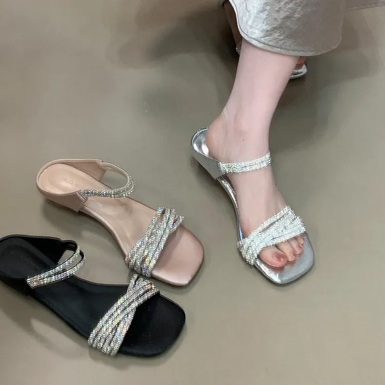 【万达撤柜】法式绝美水钻带夏季新款百搭外穿露趾凉鞋凉拖