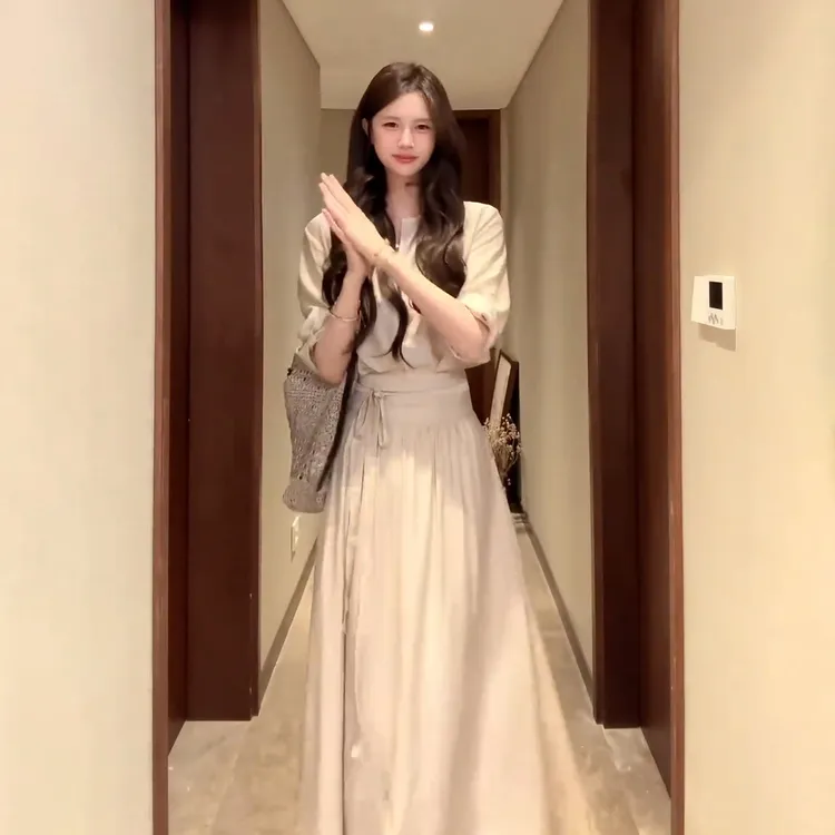 【现货+运贴5米】2025新款禅意穿搭衬衫连衣裙子女夏季套装长裙5219