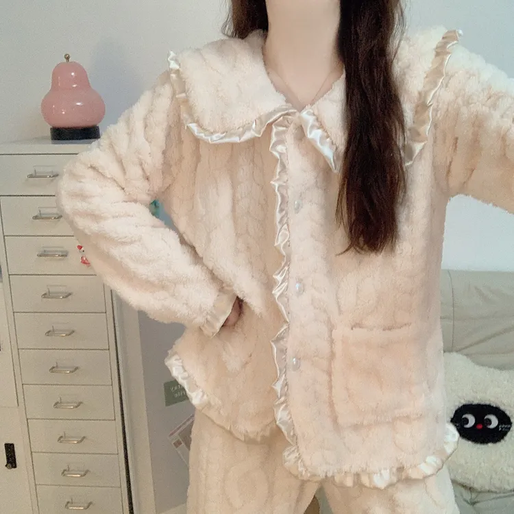 【加绒加厚】珊瑚绒睡衣女款秋冬季甜美小香风法兰绒保暖家居服套装