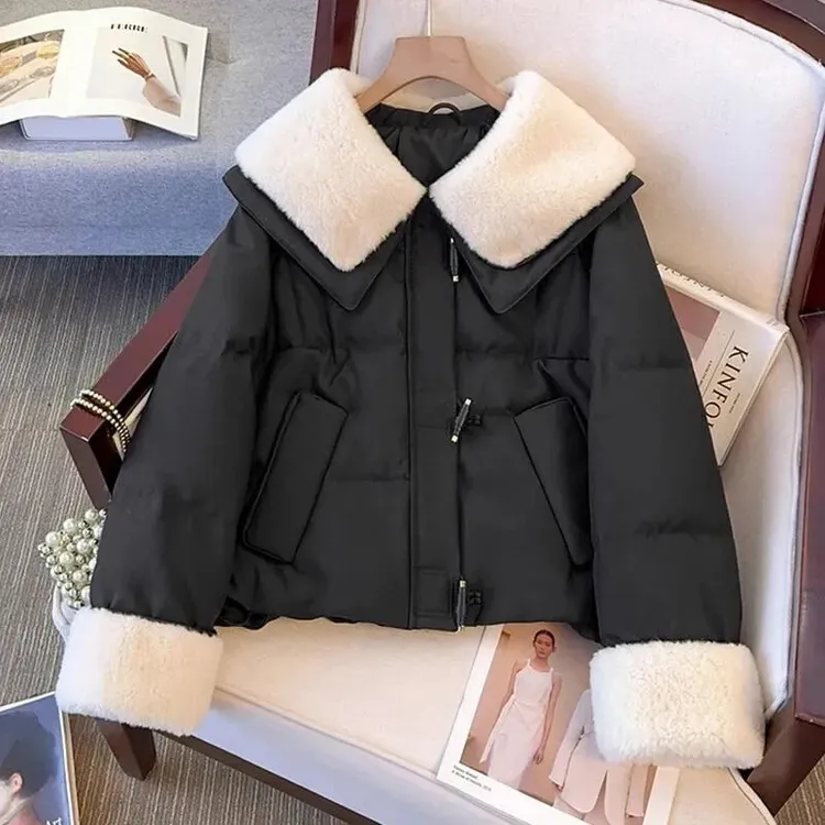 2026冬季新款韩版时尚高级感纯色百搭棉服女小众洋气翻领通勤外套