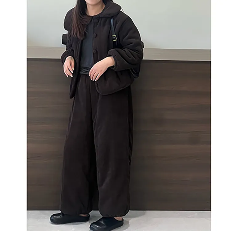 韩版简约夹棉睡衣女秋冬季新款复古加绒加厚保暖家居服套装可外穿