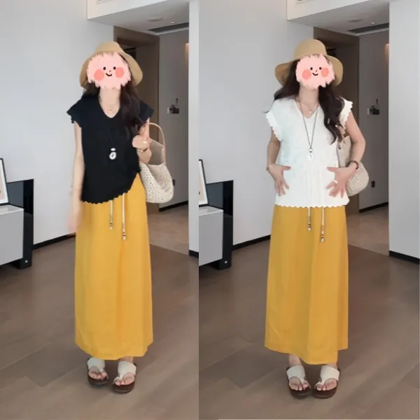 2025夏季V领蕾丝飞飞袖显瘦针织上衣慵懒夏季开叉直筒半身裙套装