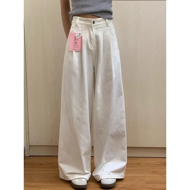 春季新款白色不透阔腿牛仔裤女褶皱高腰宽松显瘦显高垂感直筒裤子