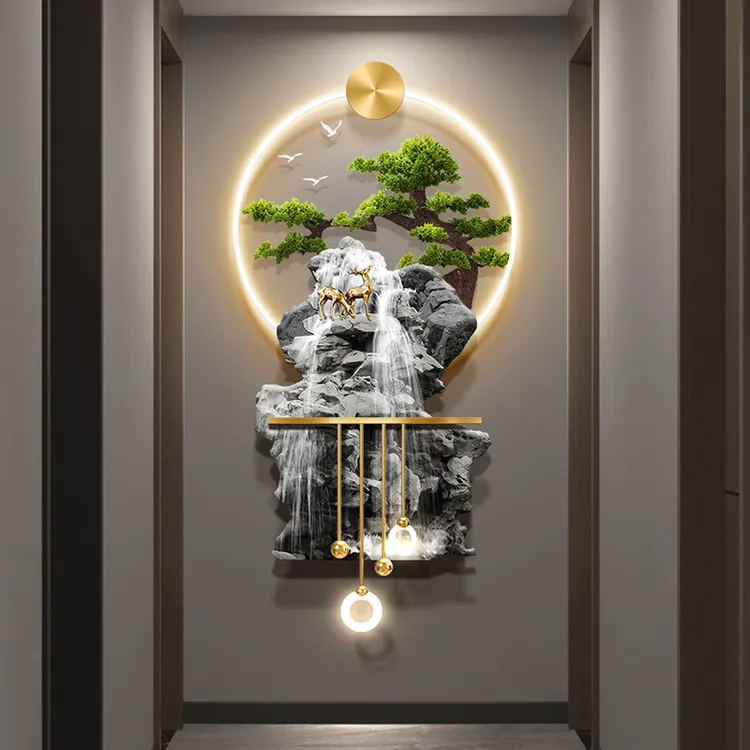 双11轻奢流水生财进门正对画立体玄关装饰画走廊过道中式,,国朝,