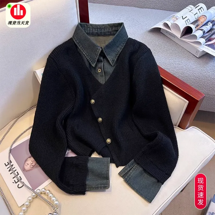 时尚拼接假两件翻领内搭休闲短款毛衣秋装女款洋气高贵上衣