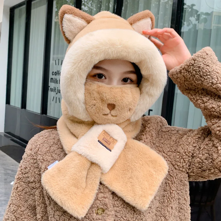 可爱小狐狸帽子围巾一体女冬季毛绒帽口罩连帽围脖冬天百搭保暖潮