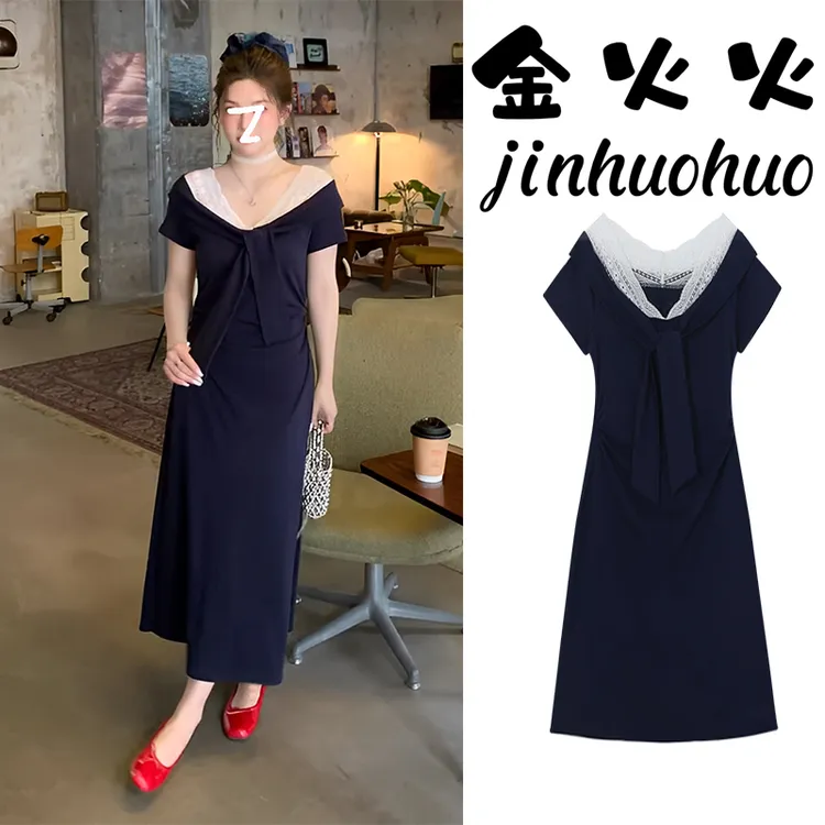 大码胖MM韩系v领蕾丝拼接短袖连衣裙女夏季修身显瘦气质长裙子