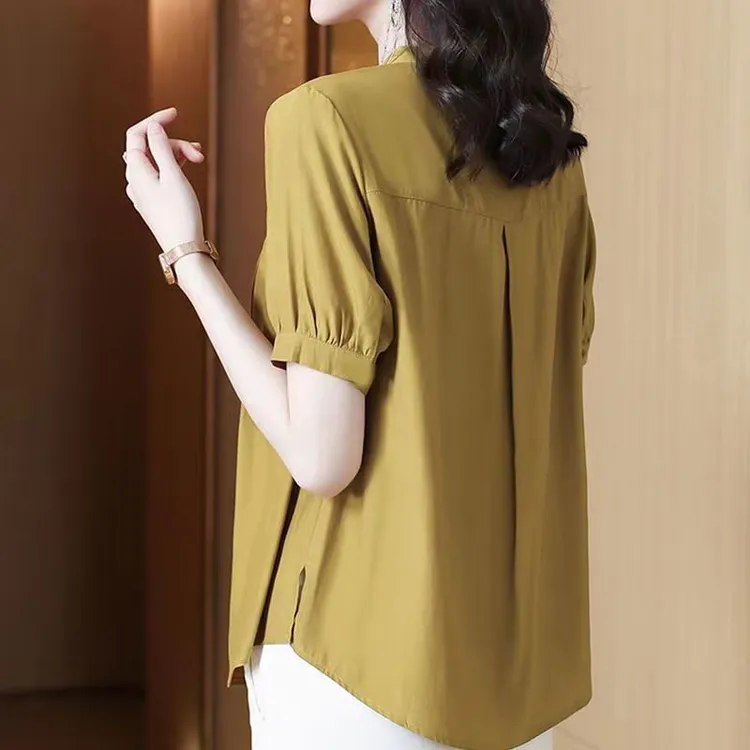 II夏季女装小立领雪纺衫胖妹妹显瘦上衣年轻妈妈装短袖衬衣女士T