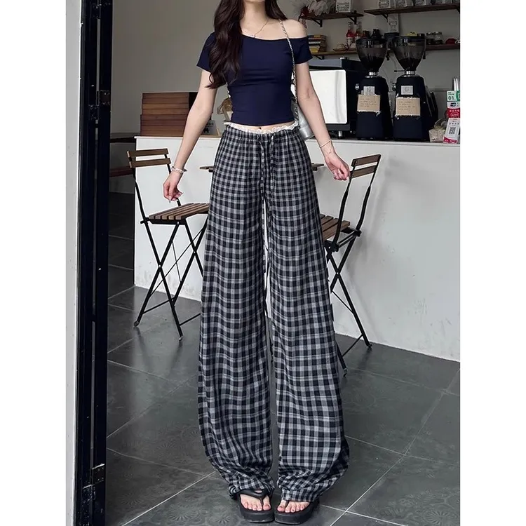 薄款复古休闲黑色格子阔腿裤女夏季新款高腰垂感窄版直筒拖地裤潮