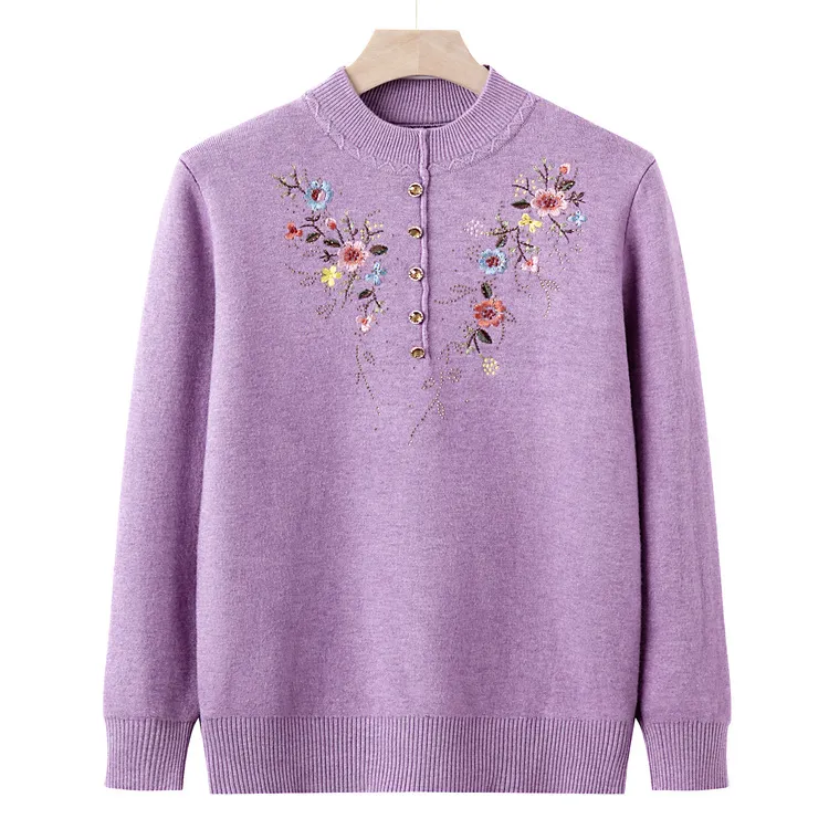 中老年女装秋冬新款毛衣打底衫奶奶装一体绒针织衫绣花洋气妈妈装