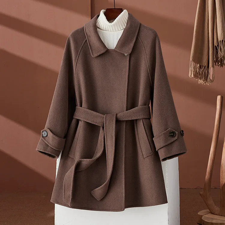 韩系双面羊绒大衣女中长款2025秋冬新款羊毛毛呢女外套2306咖啡