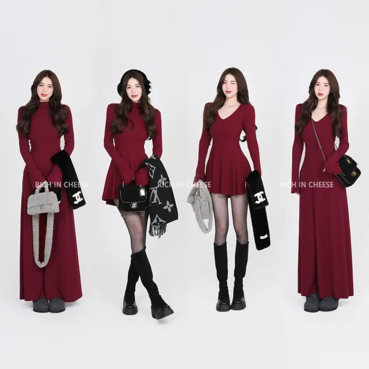 舒胡蕾 茶香可颂【系列合集】 秋冬长袖高弹针织显瘦百搭收腰连衣裙