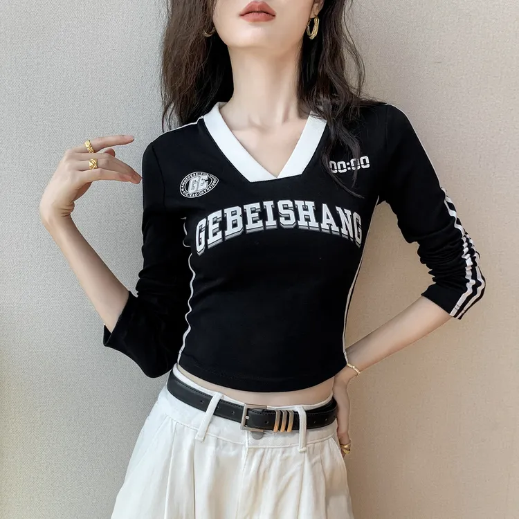 拼色V领字母印花美式长袖T恤女2025秋季新款修身内搭打底衫上衣女