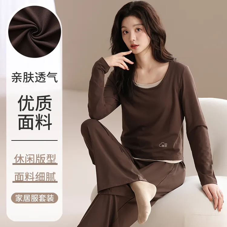 带胸垫睡衣女春秋季2025新款纯棉长袖高级感假两件休闲家居服套装
