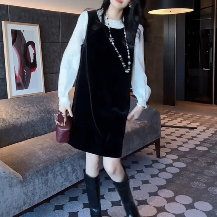 秋冬新款时尚减龄百搭假两件拼接法式连衣裙