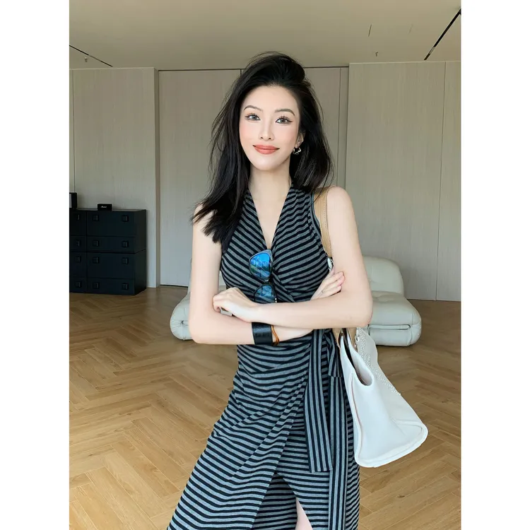 JIJINQI裙子法式绑带收腰长裙夏季条纹高贵轻奢连衣裙JD04LZQM051