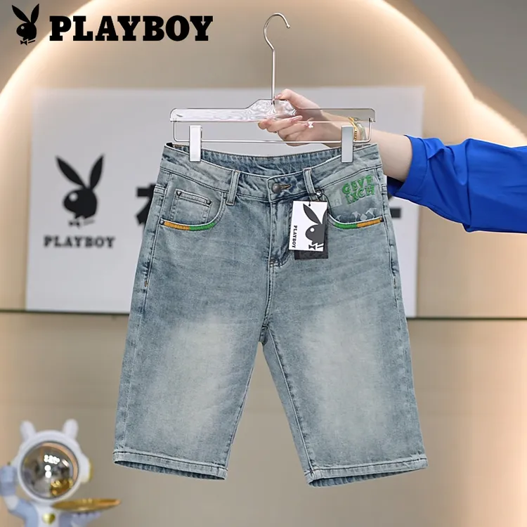 PLAYBOY/花花公子夏季薄款男士手绘字母修身百搭牛仔五分短裤