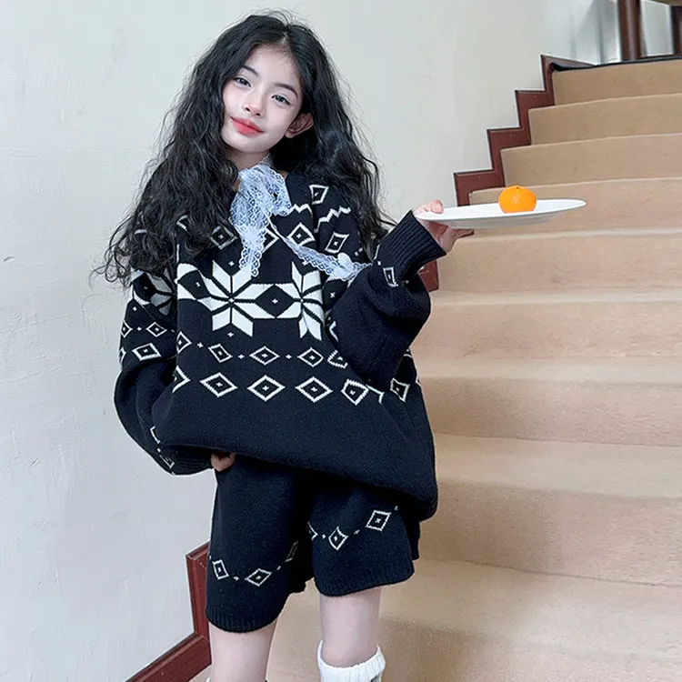 女童针织费尔岛提花套装秋冬季女中大童慵懒风长袖毛衣短裤两件套