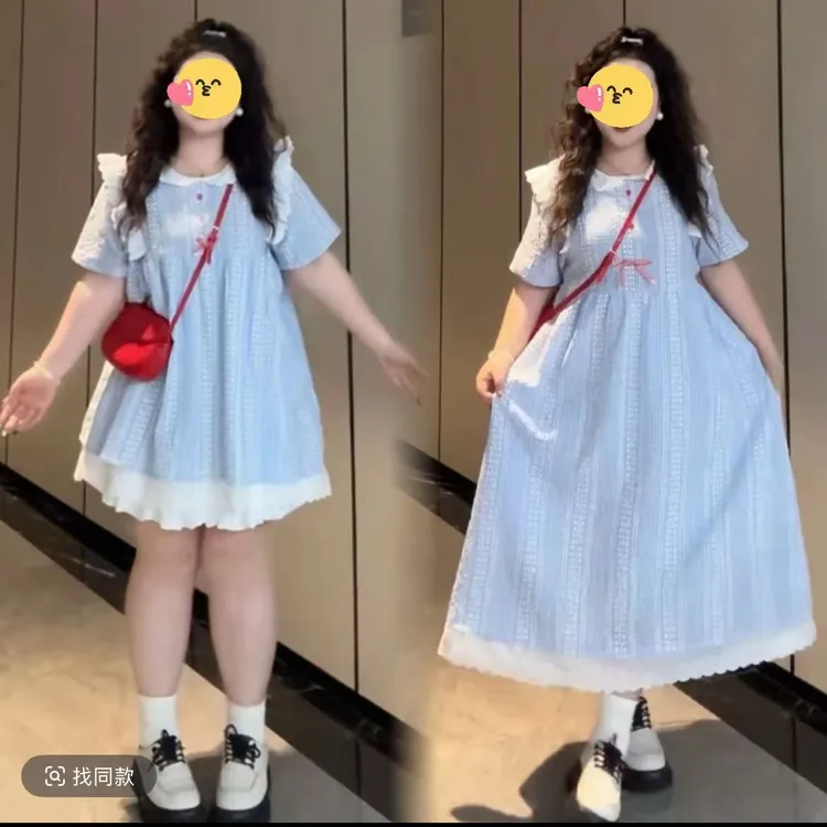 大码夏季短袖微胖蓝色格子娃娃领上衣短款裙裤两件套