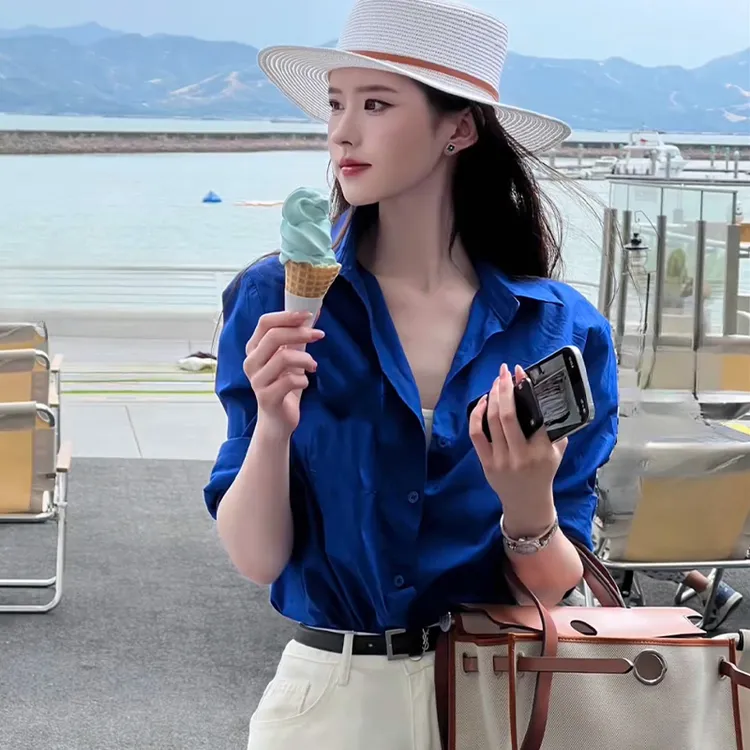 克莱因蓝色polo领衬衫女春季高级感通勤宽松衬衣长袖气质叠穿上衣