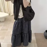 长裙高腰轻职人O型A型半身裙复古百搭拼接藏青格子裙【A区】1579 
