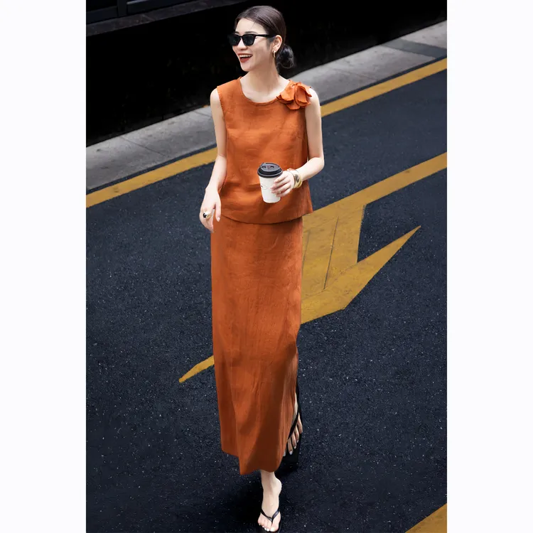 ZEROYK洋气减龄亚麻套装女设计感立体花朵无袖上衣直筒裙两件套