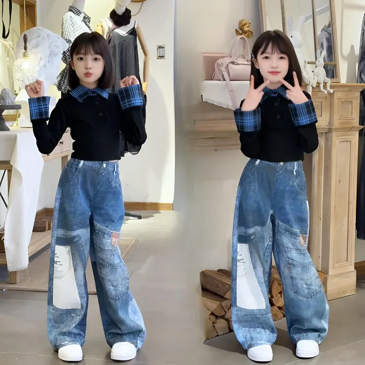 女童套装2025新款春秋季时髦洋气上衣女孩设计感牛仔裤两件套穿搭