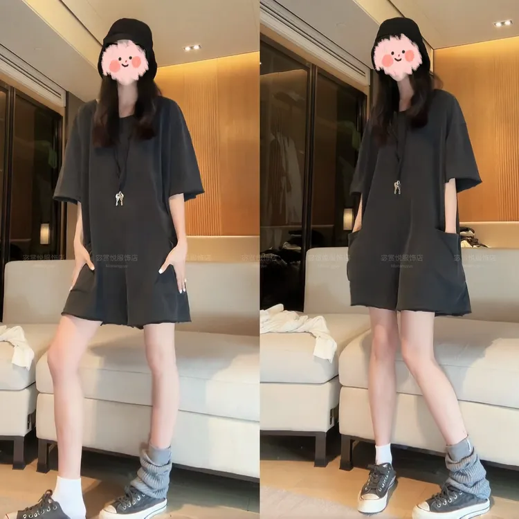 夏季新款纯欲慵懒风宽松美式休闲圆领短袖连体上衣短裤洋气衣服女