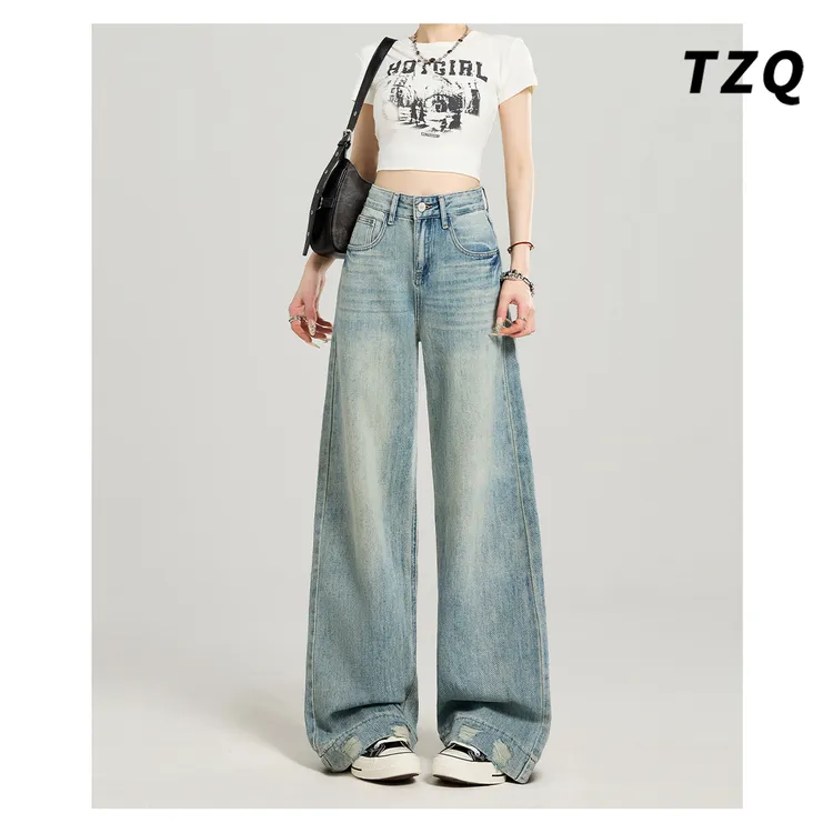 复古高腰阔腿牛仔裤女夏季宽松直筒显瘦百搭垂感拖地裤TZQ2531512
