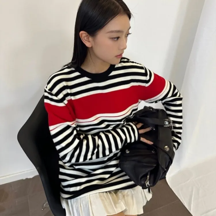 2025秋季新款女装宽松慵懒风撞色条纹针织衫网红时尚套头长袖上衣