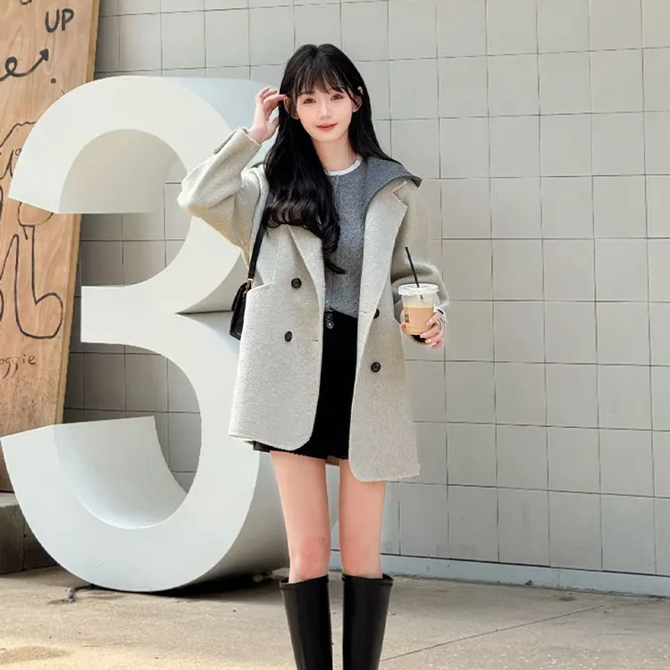 HSTYLE/韩都衣舍【冬日初雪】双面羊毛连帽拆卸苏黎世的大衣YG8511