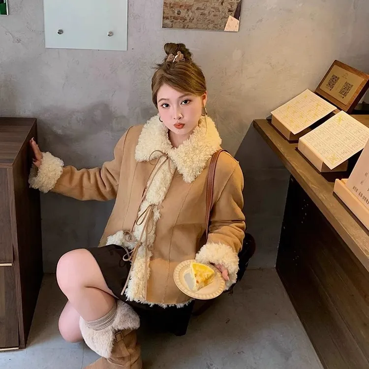 甜绒叙事卷毛翻领绑带皮毛一体羊羔毛外套女冬天显瘦环保皮草大衣