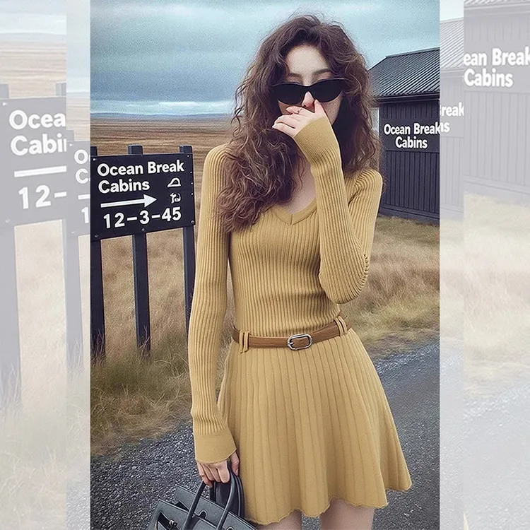 高贵气质百褶短裙子秋冬款v领长袖打底针织连衣裙女生韩系ins衣服