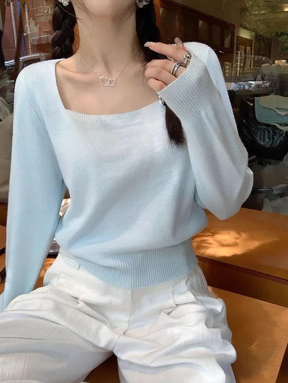 彩色慵懒短款安迪绒方领针织上衣打底衫长袖时尚休闲百搭秋冬