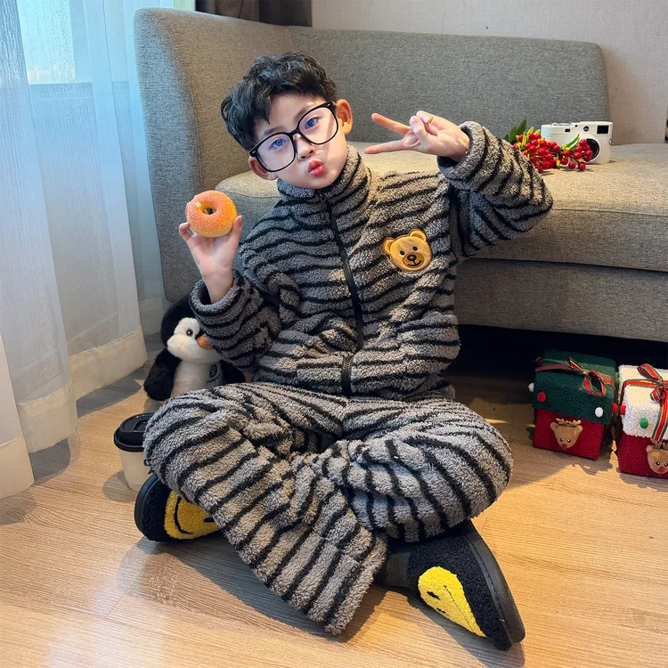 男童条纹珊瑚绒睡衣2025新款男孩冬装保暖家居服套装儿童加绒加厚