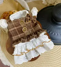 焦糖格纹蕾丝田园套装宠物衣服｜小饼干手作