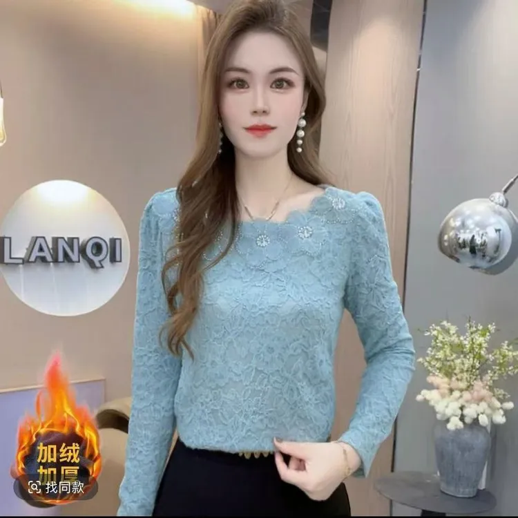洋气磨毛蕾丝长袖打底衫女冬季2025新款百搭时尚修身保暖减龄上衣