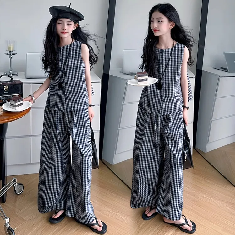 女童夏装套装高级感无袖格子衬衫上衣女大童休闲阔腿裤夏季两件套