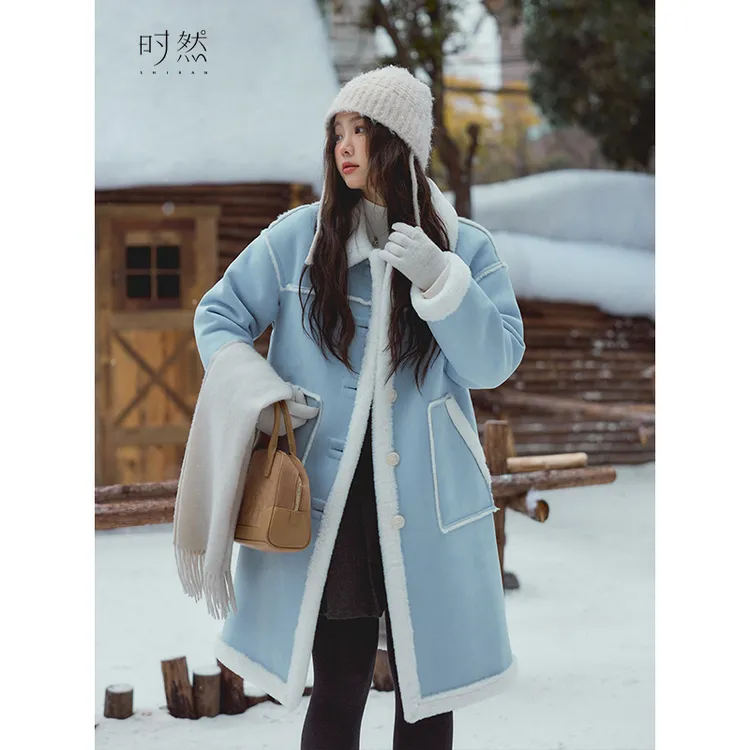 时然微胖大码女装冬季新款保暖韩系长款显瘦遮肉百搭羔羔毛外套