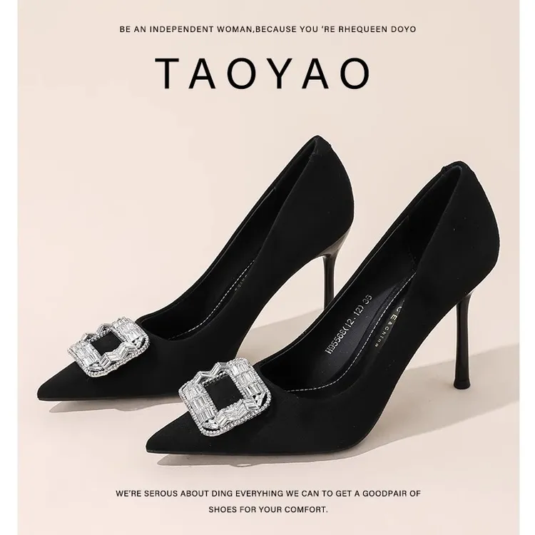 黑色法式尖头高跟鞋女2025新款气质浅口水钻时尚百搭通勤工作单鞋