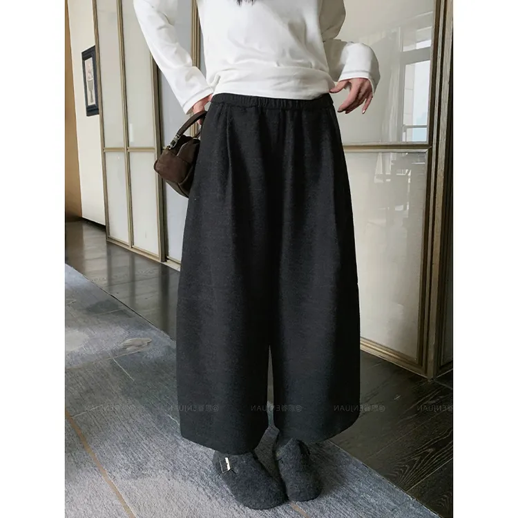 耶古气质灰色加绒毛呢八分裤女秋冬季保暖高腰宽松显瘦软糯阔腿裤