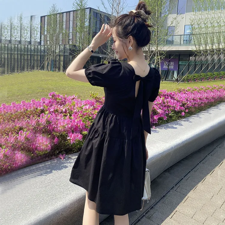 小个子黑色连衣裙女短款夏季新款方领气质高腰小黑裙蝴蝶结裙子