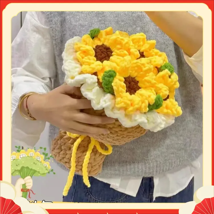 DIY编织冰条线向日葵手工花束ZMMZ毛线钩针材料包玫瑰手捧【聚选】