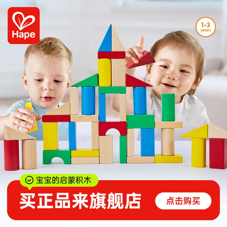  【达人专属】Hape40粒创想启蒙积木木制拼搭益智早教1-3岁E7364