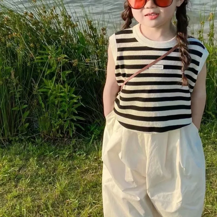 女童夏季套装新款宝宝休闲背心条纹上衣宽松防蚊裤男女童两件套潮