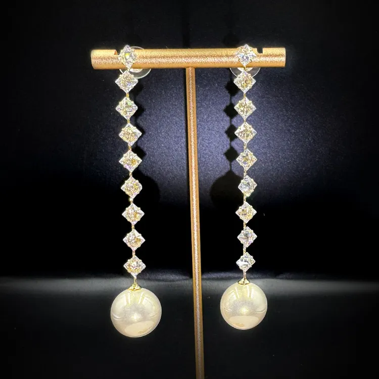 铜合金耳饰 超闪锆石长款流苏珍珠耳坠女气质优雅时尚耳环耳钉ins