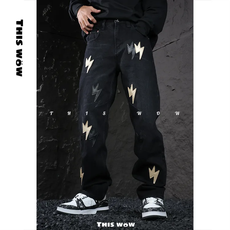 【秋冬重磅黑色直筒裤】THISWOW美式皮标牛仔裤网红潮牌老白同款001